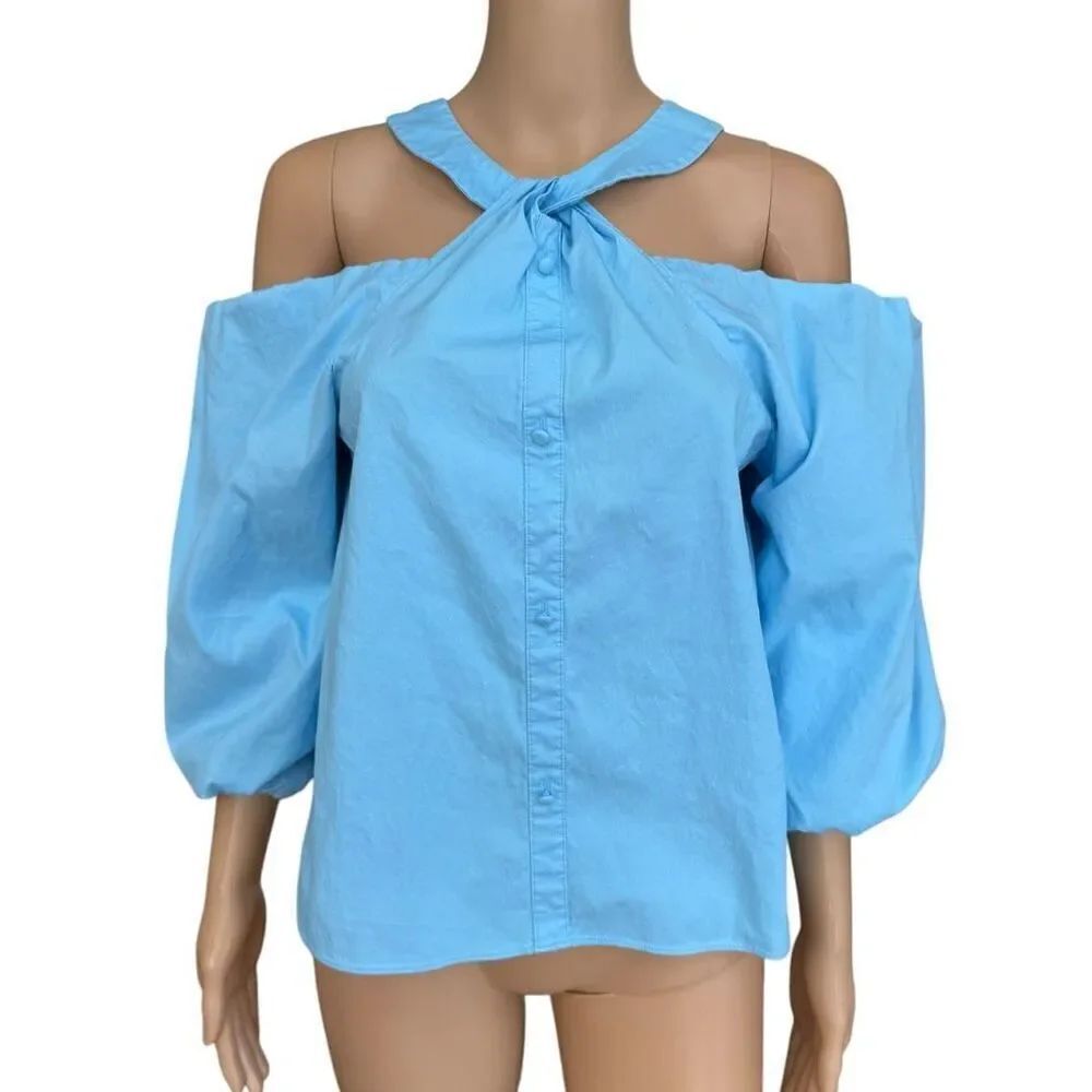 INC International Concepts Button Up Cold Shoulder Blouse blue sz M 100% cotton